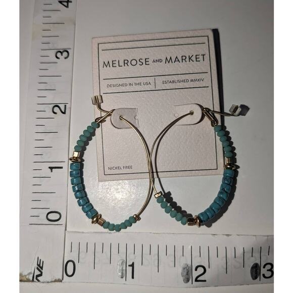 Melrose and Market Nickel Free Earrings Turquoise Bead Oval Wire Hoops Golden - Picture 1 of 1